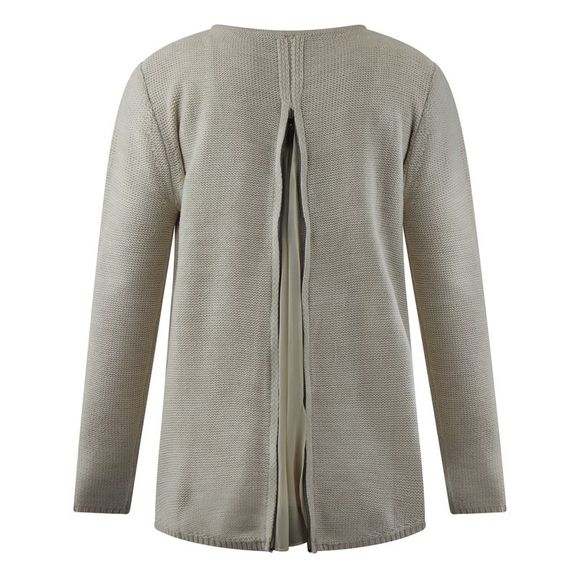 Beige Classic Knit Sweater With Chiffon Zippered Back - Picture 2 of 4